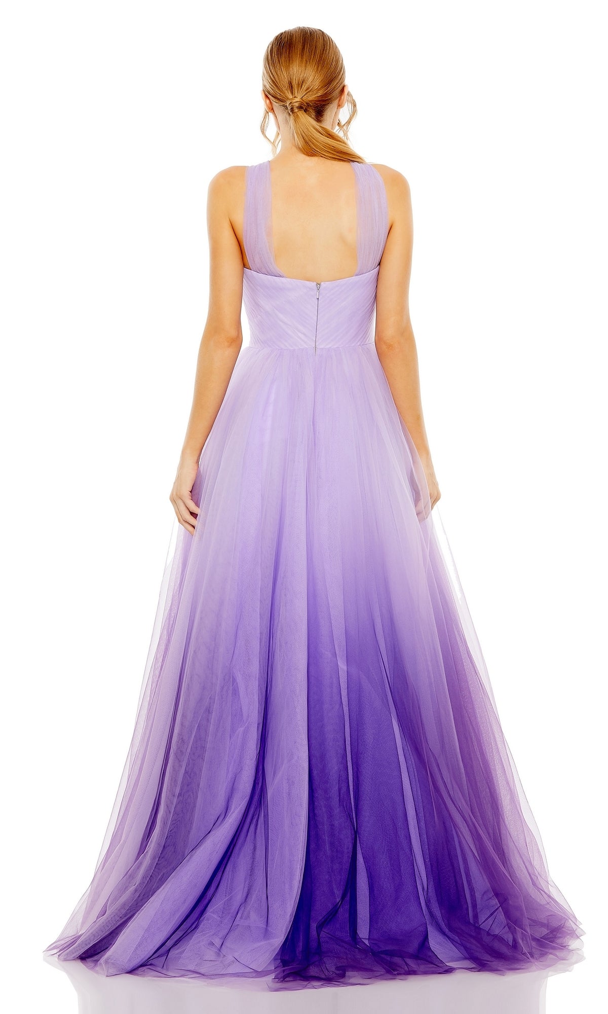 A woman with long hair faces away, highlighting the back of the Long Formal Dress 20553 by Mac Duggal—a sleeveless, floor-length purple ombré gown with a gracefully ruched bodice.